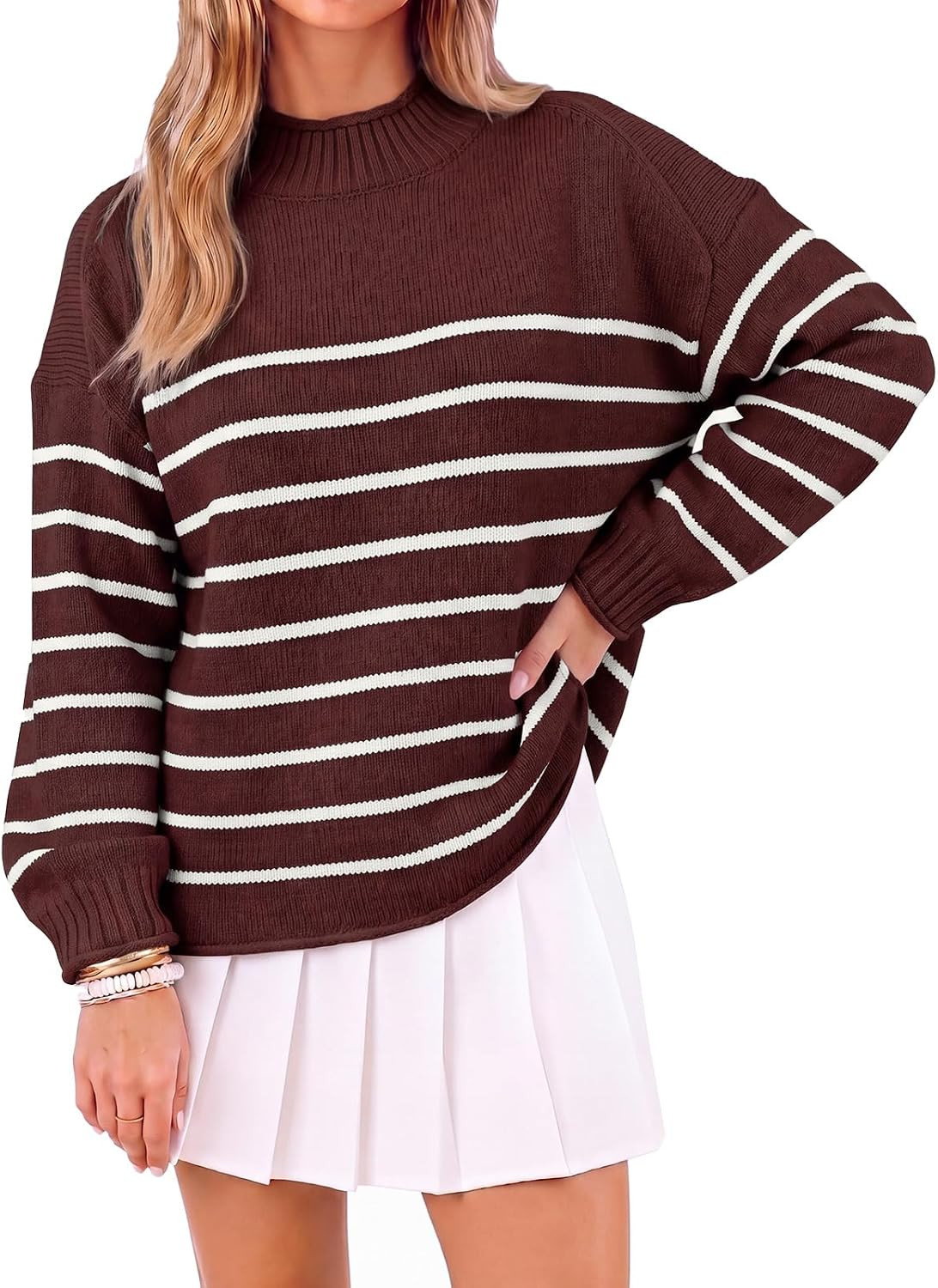 Womens Striped Sweater Rollneck Long Sleeve Knit Pullover Fall Casual Tops | Amazon (US)