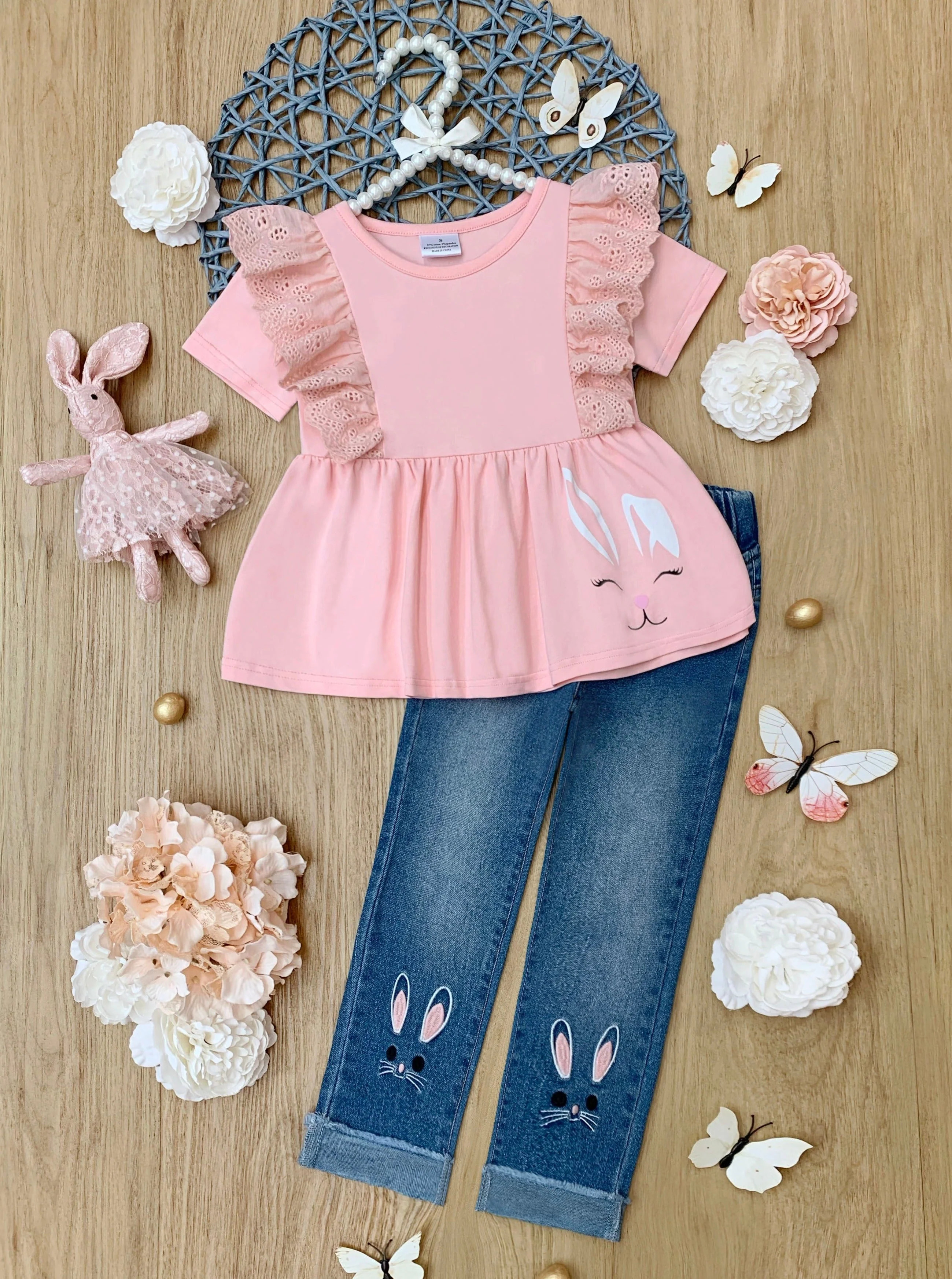 Bunny Ruffled Top and Embroidered Denim Pant Set | Mia Belle Girls