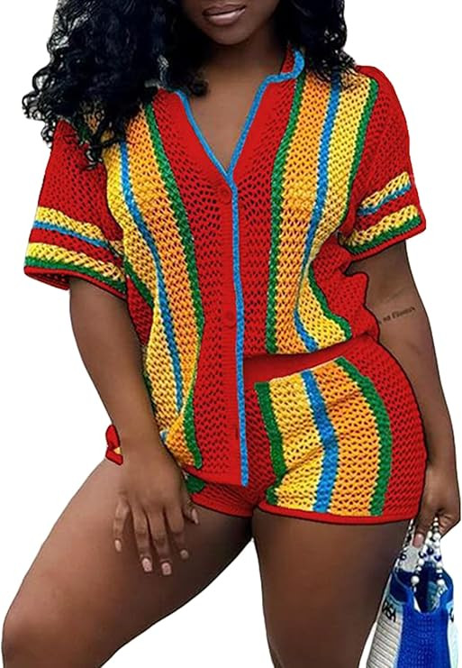 Summer 2 Piece Short Sets For Women Crochet Short Sleeve Shirt and Shorts Matching Set Vacation | Amazon (US)