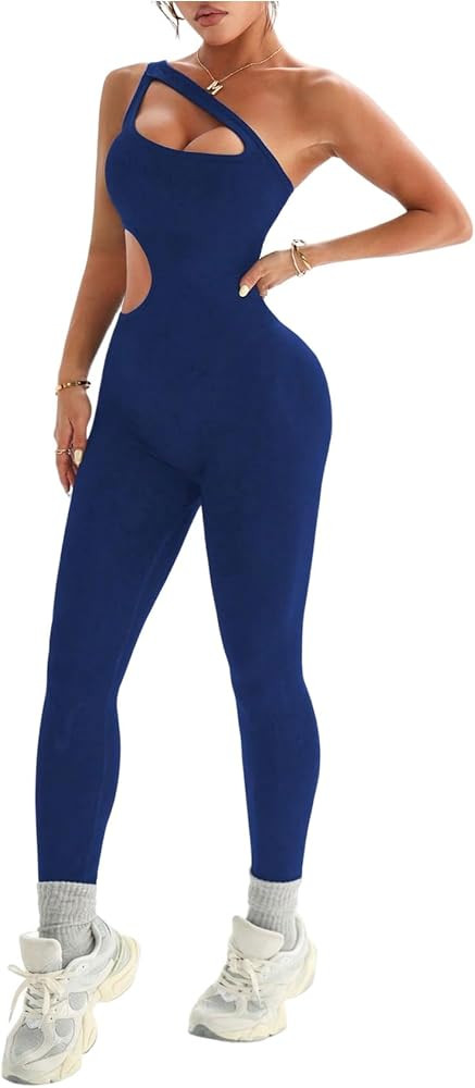 OYOANGLE Women's One Shoulder Sleeveless Jumpsuit Cut Out Skinny Seamless Workout Gym Yoga Leggin... | Amazon (US)