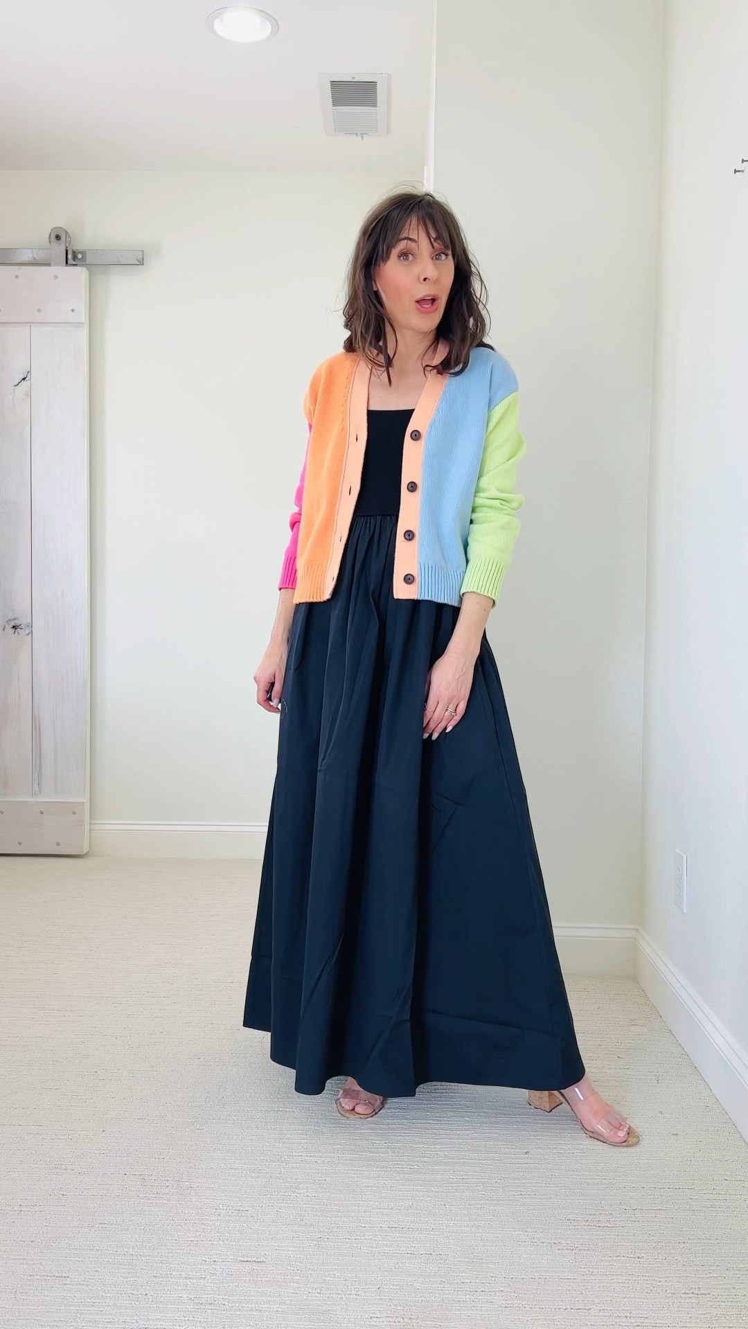 A more flattering way to wear your cardigan over a dress