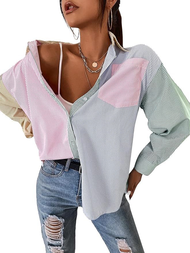 MakeMeChic Women's Striped Color Block Long Sleeve Shirt Pocket Button Down Blouse Top | Amazon (US)