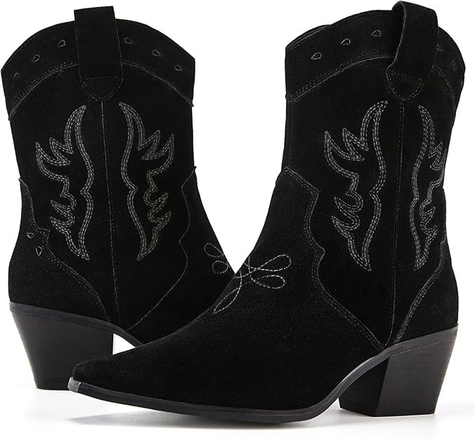 TINSTREE Women's Short Western Cowboy Boots Ankle Booties Mid Heel Pointed Toe Chunky Block Stack... | Amazon (US)