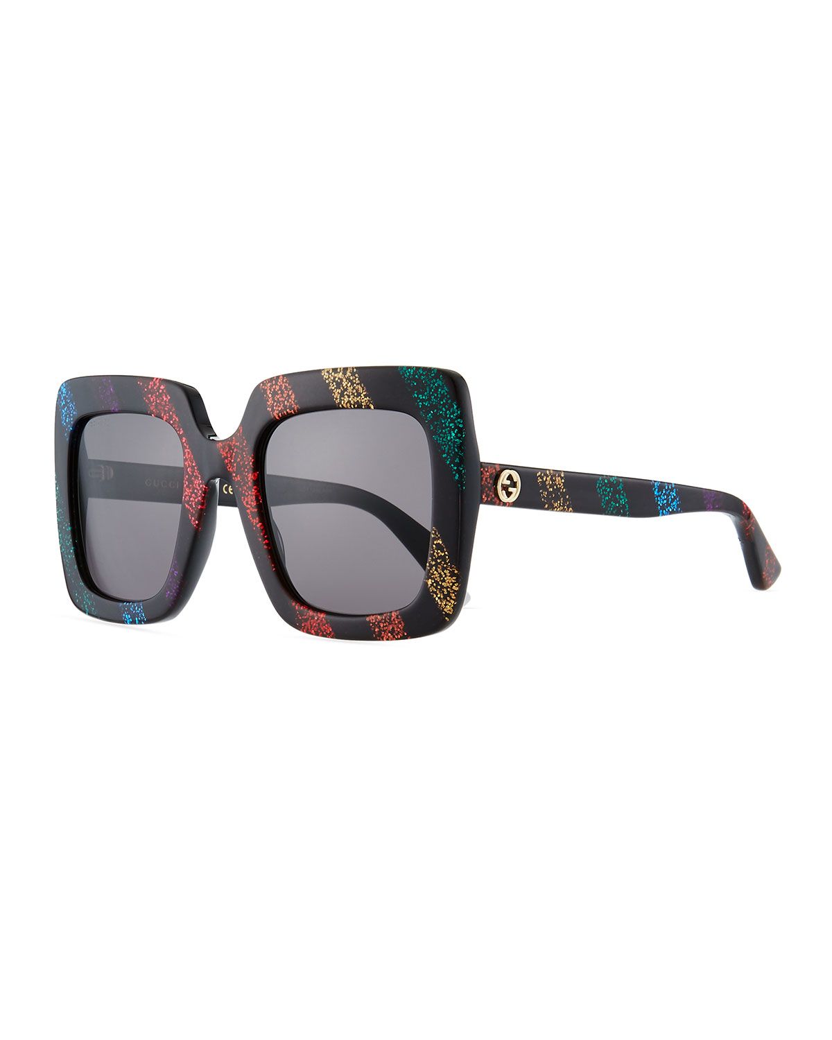 Glitter Striped Acetate Rectangle Sunglasses | Neiman Marcus