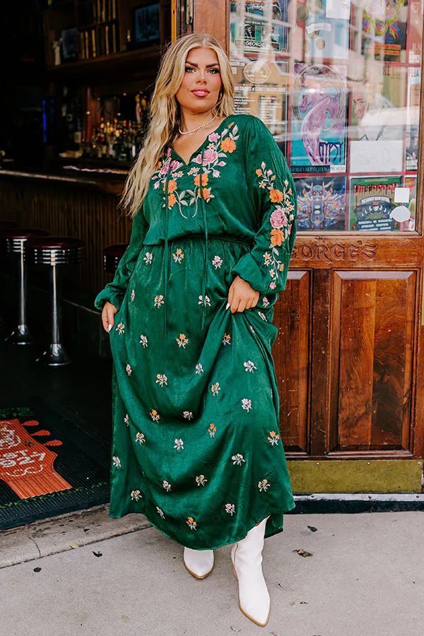 Whispering Sweet Nothings Embroidered Maxi In Hunter Green Curves | Impressions Online Boutique