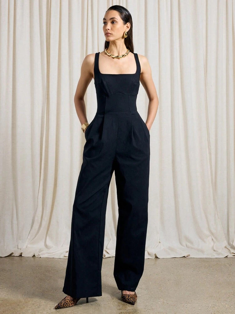 AiiRZ Tailored Square Neck Sleeveless Wide Leg Jumpsuit | SHEIN