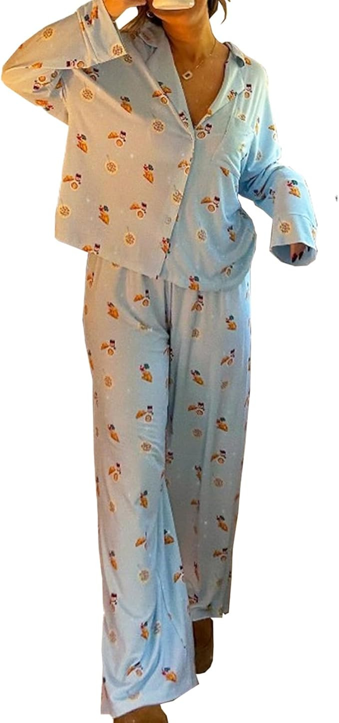 Women 2 Piece Floral Pajama Sets Button Down Long Sleeve Shirts Wide Leg Pants Y2K Cute Fruit Pjs... | Amazon (US)