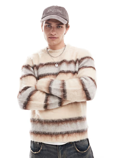 ASOS DESIGN fluffy knitted jumper in ecru and brown stripe | ASOS (Global)