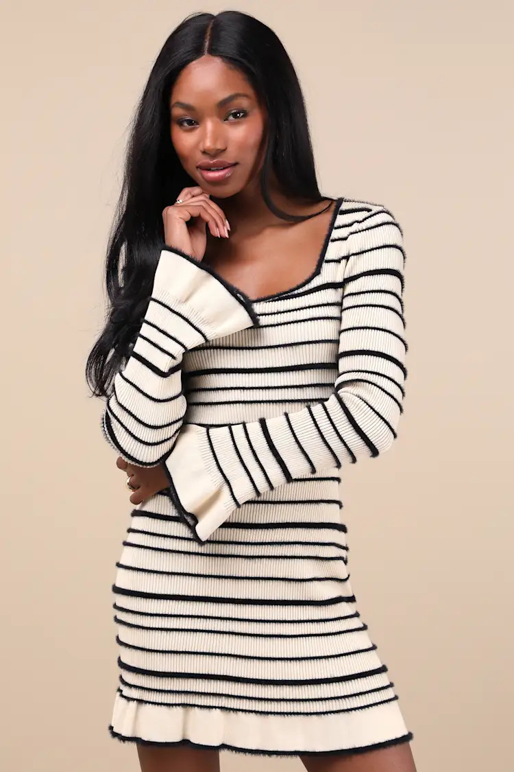 Cozy Outlook Ivory Fuzzy Striped Long Sleeve Sweater Mini Dress | Lulus