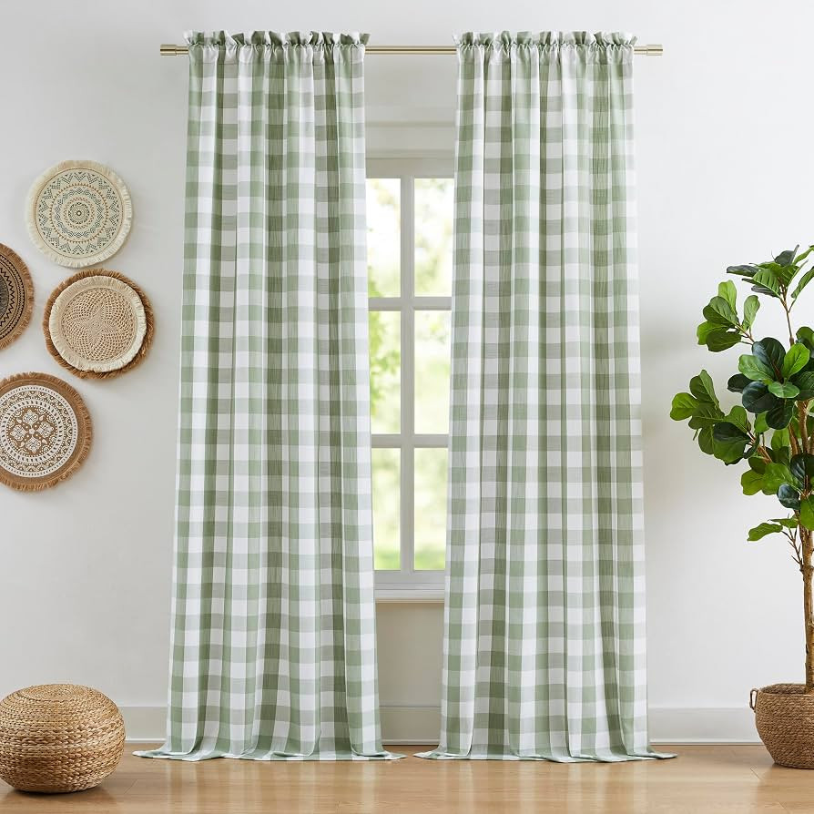 Sage Green Buffalo Plaid Semi Sheer Curtains 84 Inches Long | Amazon (US)