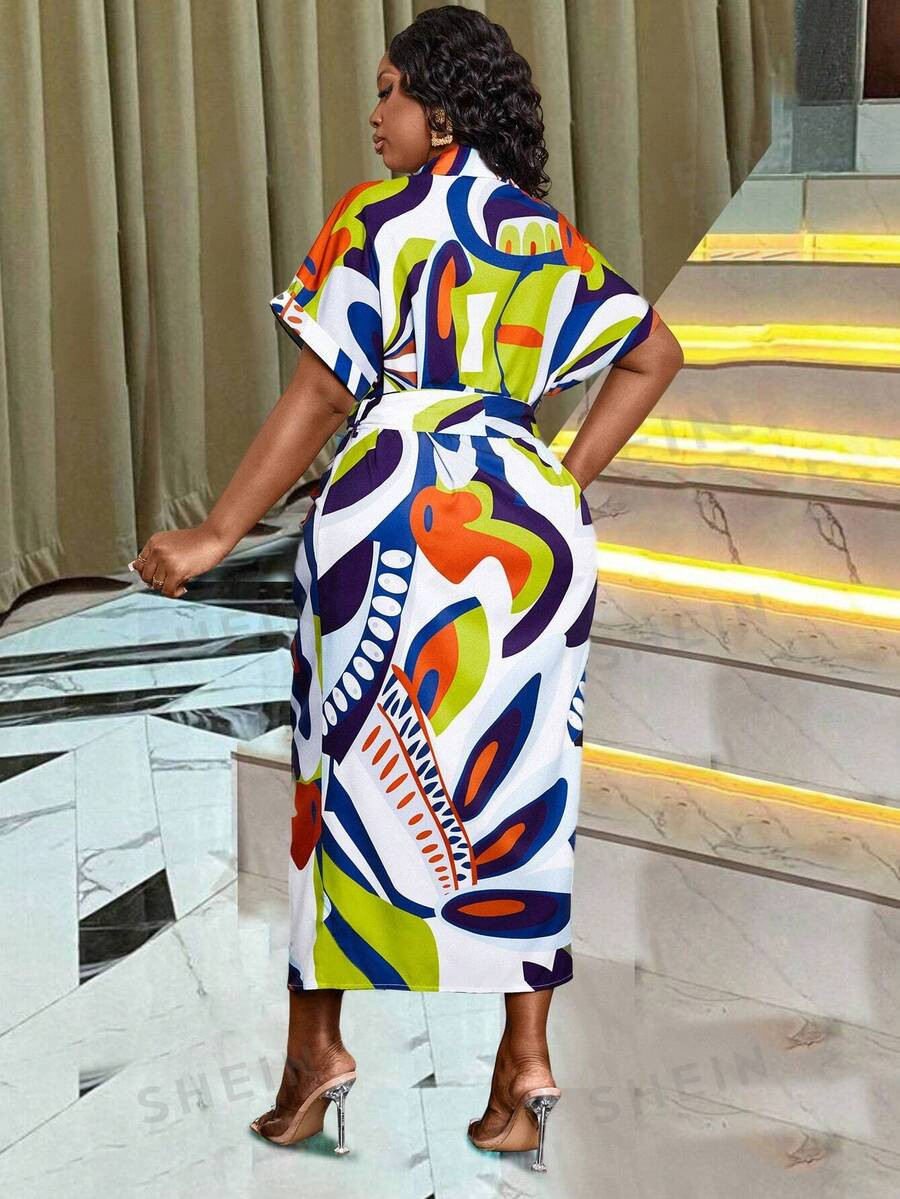 SHEIN Slayr Plus Size Summer Fashion Random Printed Button Front Shirt Dress | SHEIN