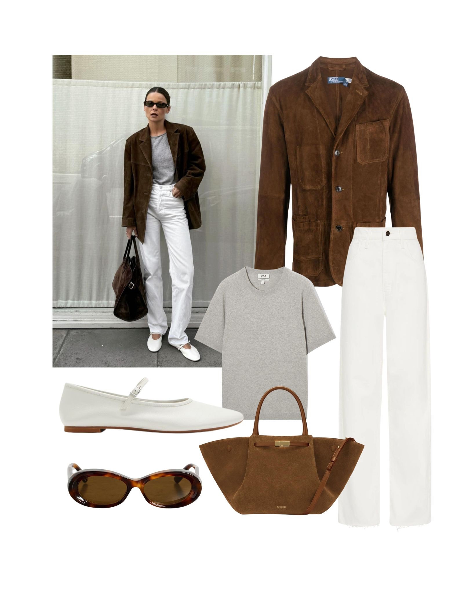 A choc brown suede jacket is PIVOTAL to your wardrobe this season. And white jeans: of course ! Who said they were just for summer ?. They love grey knits and tees and they adore camel and black. And delicious brown suede blazers!
Shop my picks right here from luxe to less .

Styling tips:
* Go for baggy straight jeans, barrel or wide leg: both are right. Long is good. But crop jeans above the ankle are fine ( it’s the in-between non length that’s trouble!)
* White shoes lighten the look and extend the white of the jeans.
* Love the idea of a grey tee as it makes it NOT too matchy match with white jeans : A little bit of grey adds depth.
* Tuck in your grey tee or knit. ( a white tee or choc brown knit though would both work here too).
Steal her style & shop the look !

#LTKover50style #LTKstyletip #LTKaustralia