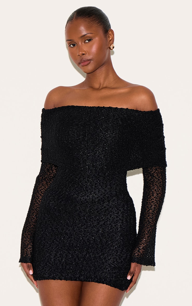 Black Textured Bardot Flare Long Sleeve Mini Dress | Dresses | PrettyLittleThing US