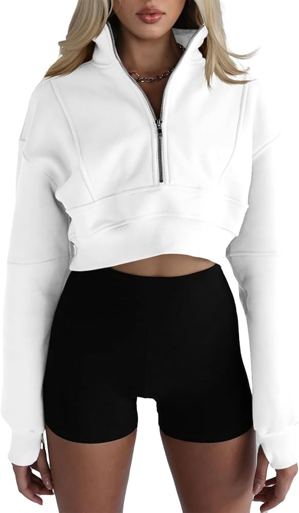 Fisoew Women's Half Zipper Cropped Sweatshirts Casual Long Sleeve Tops With Thumb Hole | Amazon (US)