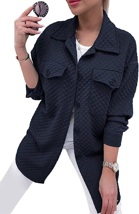 PRETTYGARDEN Women's 2022 Quilted Jackets Lapel Coat Outerwear Casual Long Sleeve Button Down Blo... | Amazon (US)