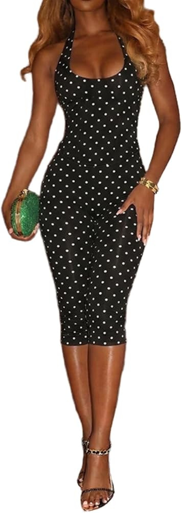 Womens Polka Dot 2 Piece Outfits Sexy Halter Top and Bodycon Capri Pants Set Party Club Outfits N... | Amazon (US)