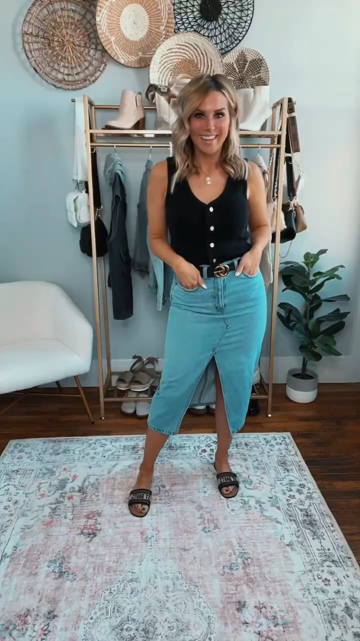 Abercrombie spring outfit! The perfect transition to spring outfit: a sweater vest, a midi denim skirt, and designer inspired sandals and belt. I love how easy this outfit would be to recreate, however, this denim skirt is my new fav! I will wear this to coffee dates and brunch. Follow for more comfy mom outfits!

A&F outfit, spring outfit inspo, summer outfit, cozy outfit, easy stylish, outfit basics

#LTKfindsunder100 #LTKfindsunder50 #LTKshoecrush