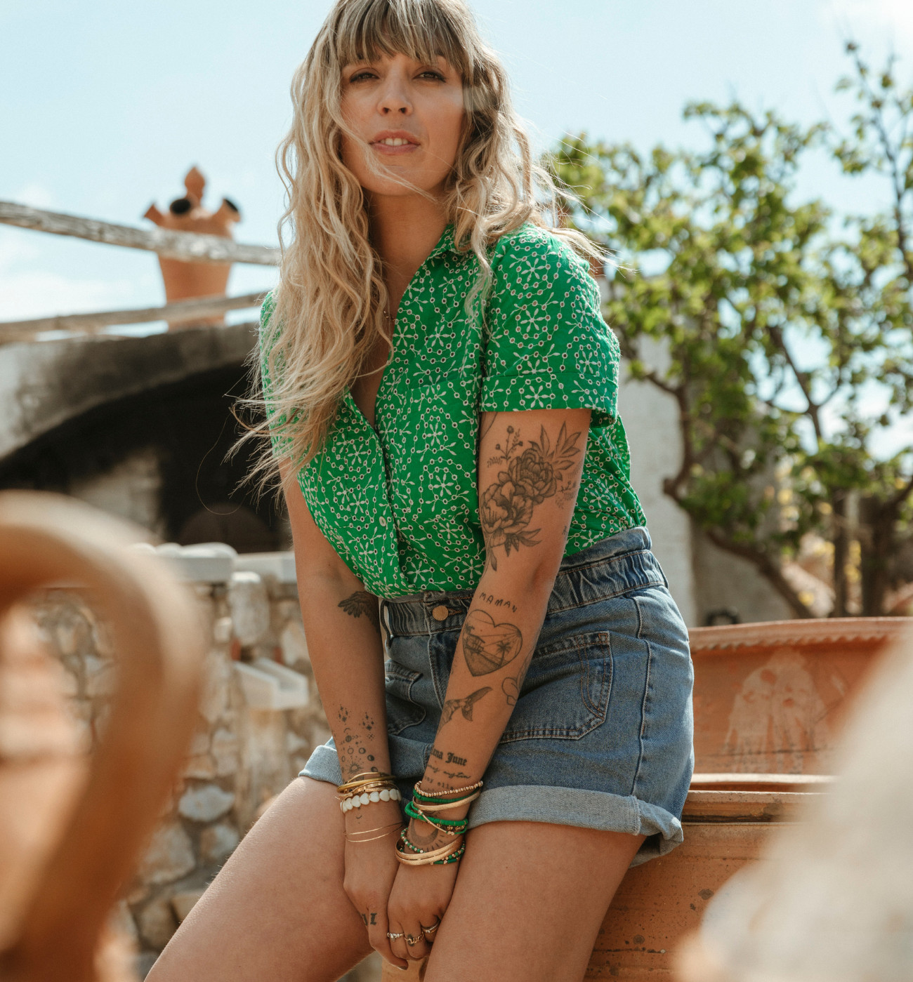 Chemise en broderie anglaise - Vert | Promod (FR)