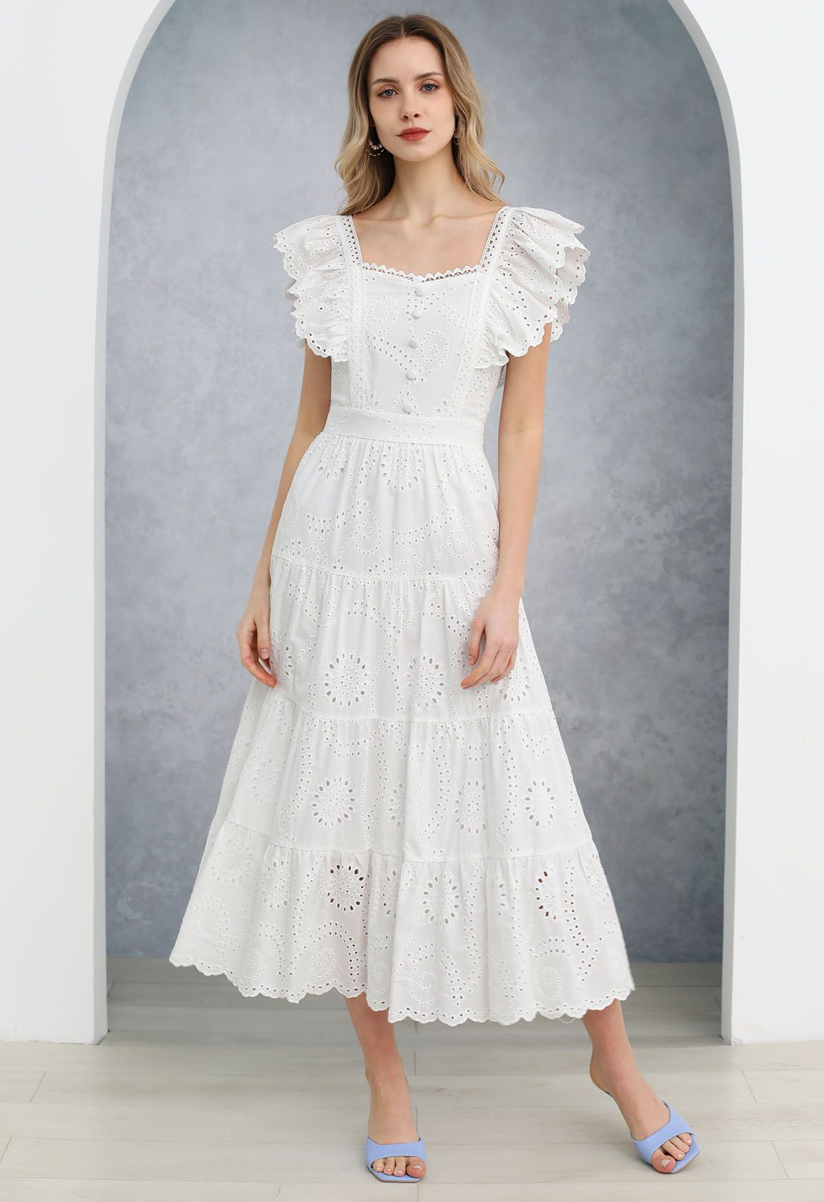 Sweetheart Neckline Eyelet Embroidery Maxi Dress in White | Chicwish