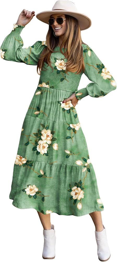 YESNO Women Casual Maxi Dresses Long Sleeve Boho Smocked Elastic Waist Flowy Tiered Dress with Po... | Amazon (US)