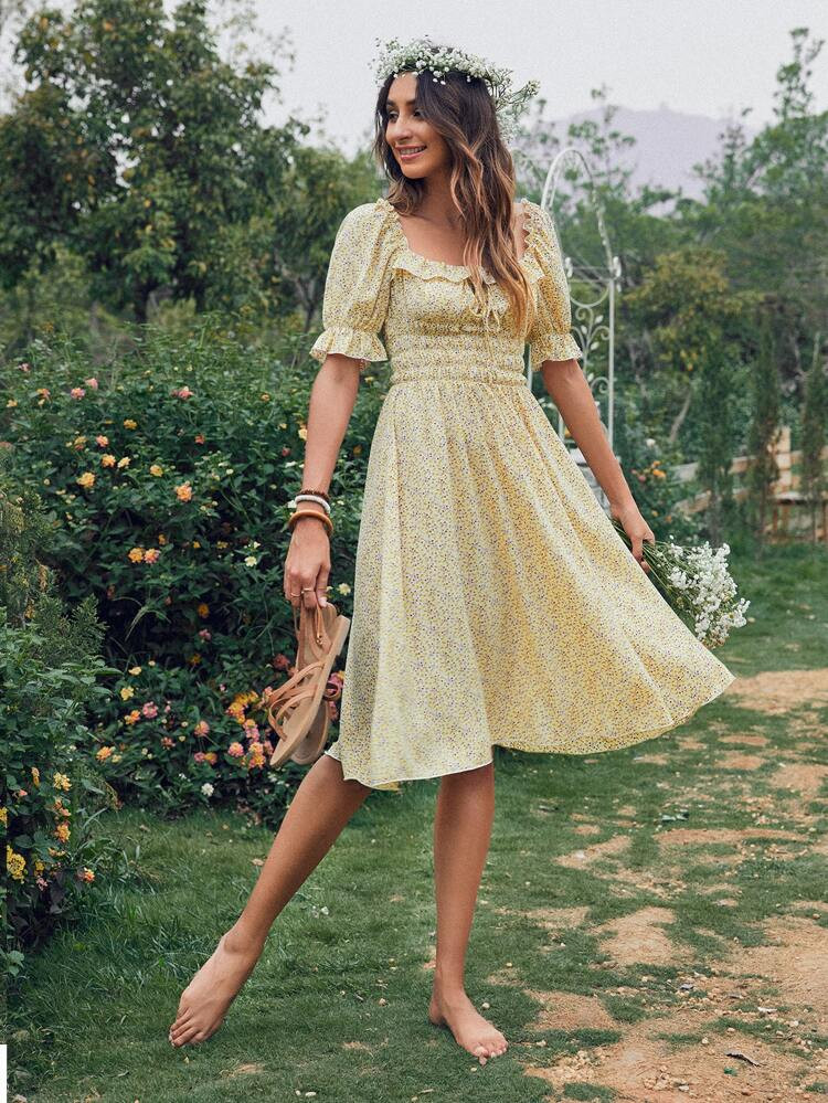 Tie Front Ruffle Trim Ditsy Floral Dress | SHEIN