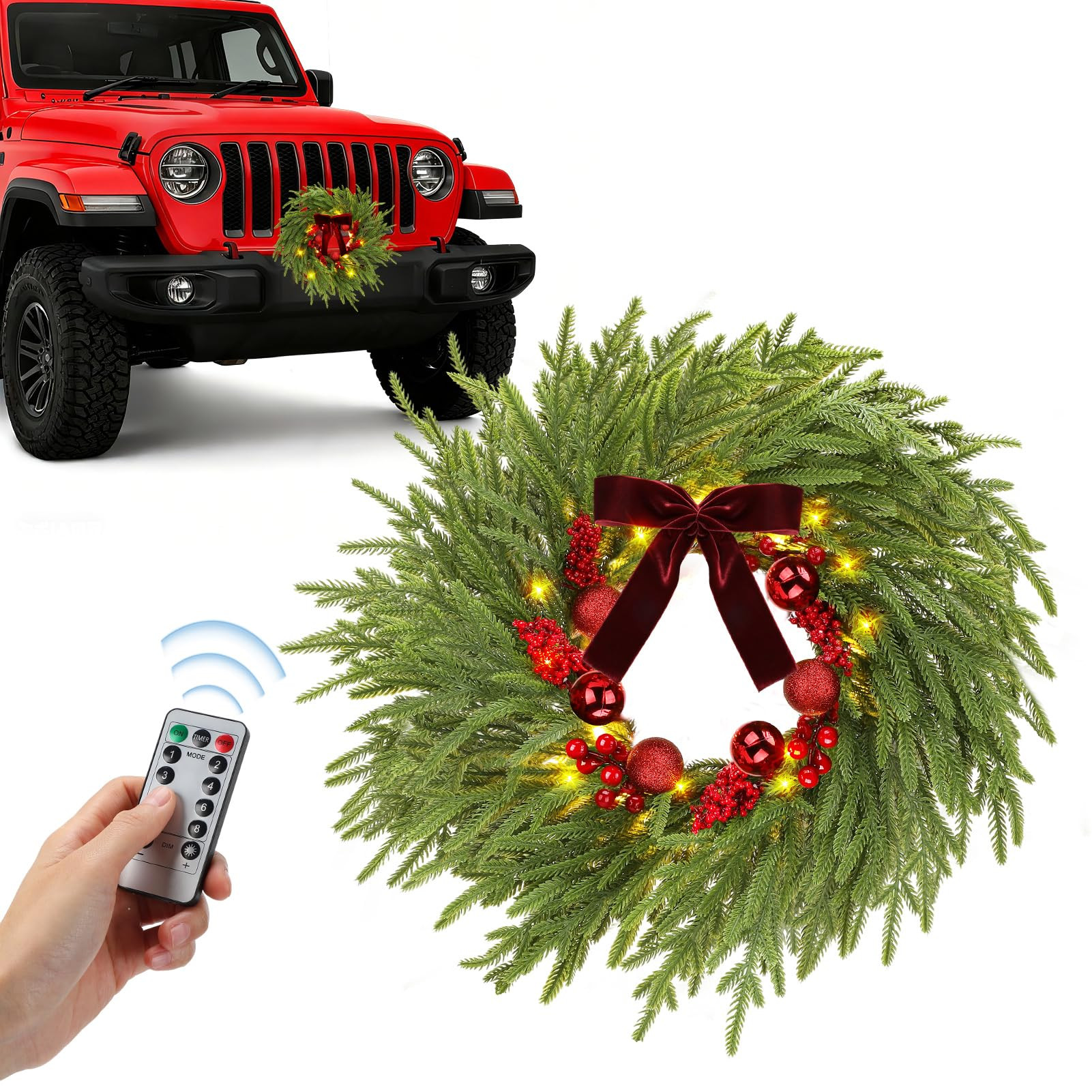 17" Pre-Lit LED Christmas Car Wreath Decoration - Pine Christmas Wreath for Car Front Grill with ... | Amazon (US)
