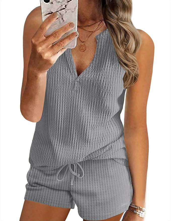 Ekouaer Pajamas Tank Top and Shorts Lounge Sets Waffle Knit V Neck Pj Short Sets Casual Outfits f... | Amazon (US)