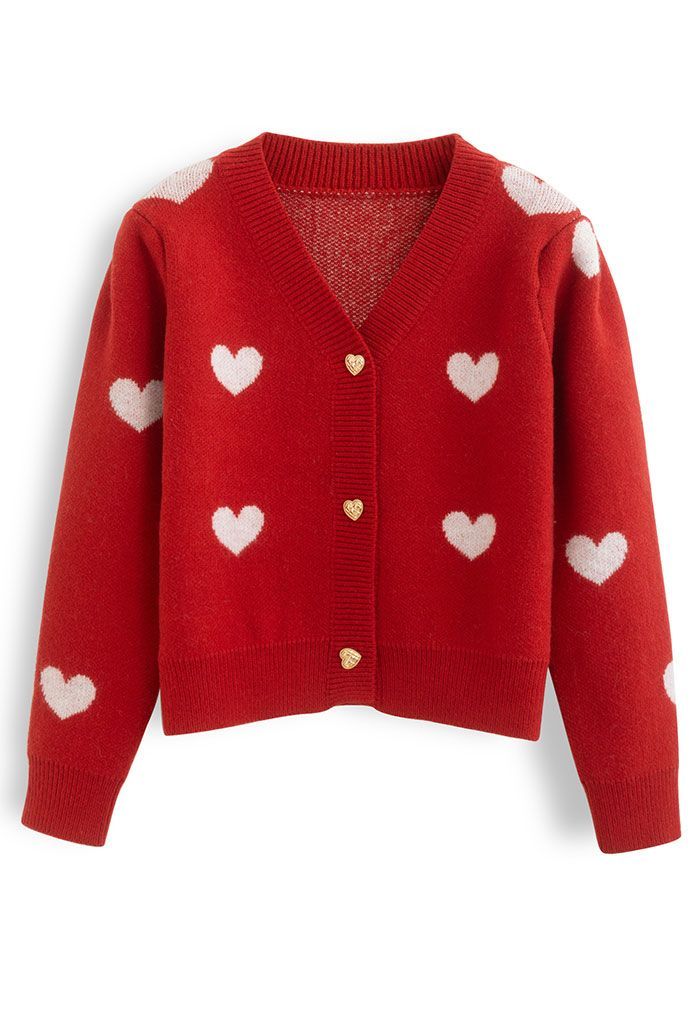 Soft Heart Cropped Knit Cardigan in Red | Chicwish