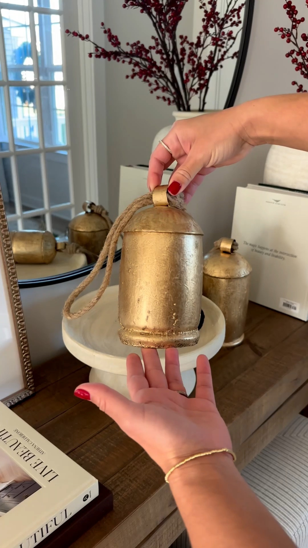 Sharing an easy and simple way to elevate your brass bells. I switched out the rope and added velvet ribbon. I think it gives it a beautiful elegant look! 
#brassbells #hangingbells #amazon #holidaydecor #christmasdecor 

#LTKHoliday #LTKHome #LTKSeasonal