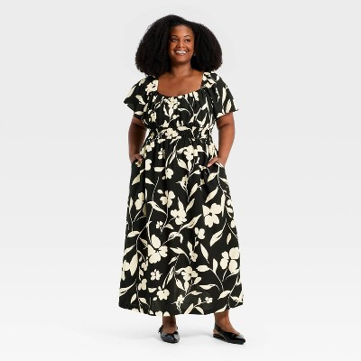 Women's Plus Flutter Short Sleeve Maxi Dress - Ava & Viv™ Black/Cream Floral 3X | Target