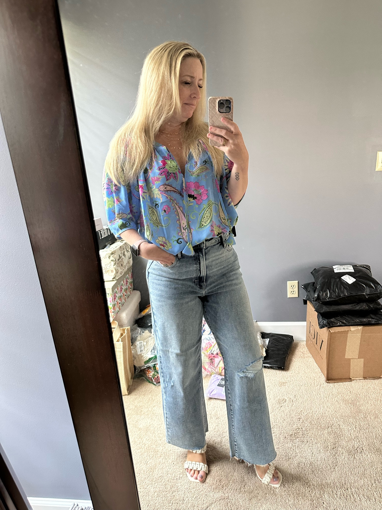 Zoom call outfit
Colorful top
Wide leg jean petite friendly 
Woven heel tts

#LTKOver40 #LTKShoeCrush #LTKWorkwear