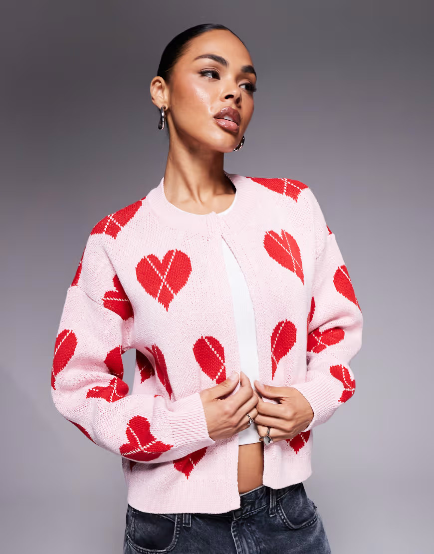 River Island argyle cardigan in pink heart print | ASOS (Global)