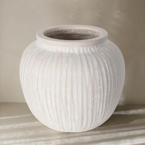 Large Rustic Minimalist Vase, 9.84" Distressed Round Floor Vase for Home Decor, Farmhouse Decorative Centerpieces for Living Room Bedroom, Vintage White | Amazon (US)