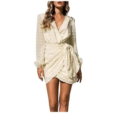 Fall Dresses for Women Sexy V Neck Long Sleeve Tie Front Wrap Dress Irregular Hem Slim Fit Going out | Walmart (US)