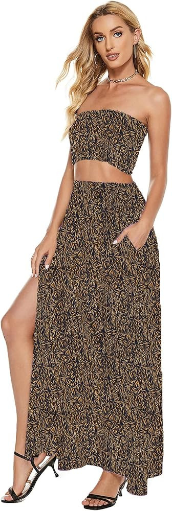 Umenlele Women's 2 Piece Outfit Floral Print Crop Top and Long Skirt Set with Pockets | Amazon (US)
