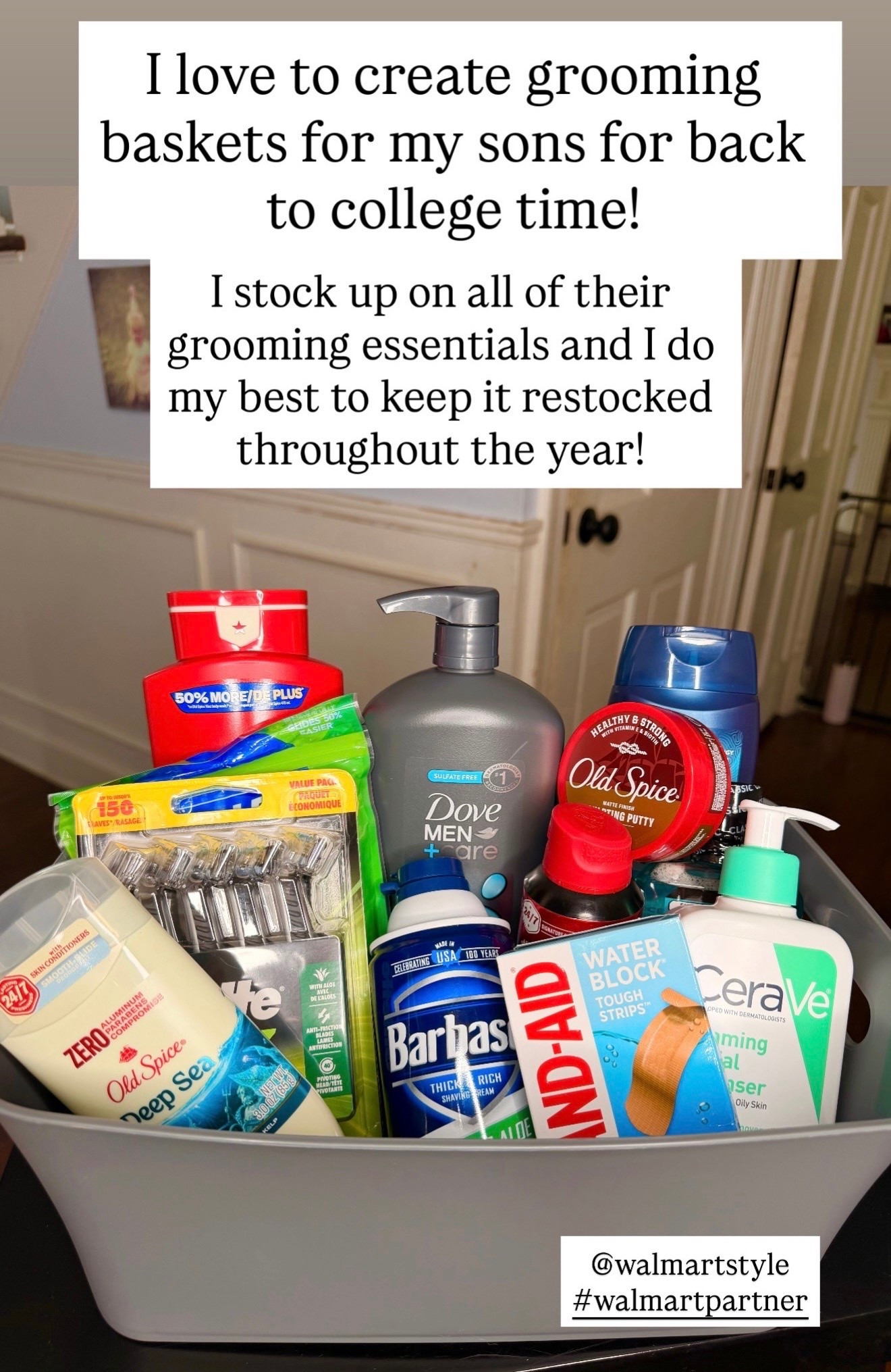 #walmartpartner My 4 sons are heading back to college, so I’m creating for each of them a grooming basket filled with all of their grooming essentials. I love that I can get everything that they need at Walmart and the price points all fit within my budget - especially with 4 of them in college! I just thought these were fun and useful for my guys and I know they appreciate being stocked up! BONUS - I’ll keep restocking all school year, too! @walmart #walmart @Walmart