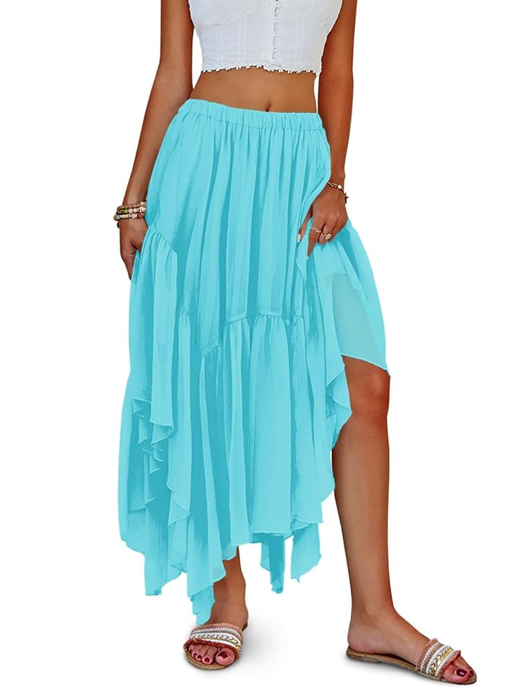 Fisoew Womens Summer Boho Maxi Skirt Casual Asymmetric High-Low Hem Flowy Bohemia Long Skirt | Amazon (US)