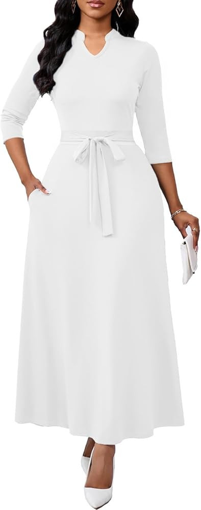Maxi Dresses for Women Semi Formal Long Dress 3/4 Sleeve Casual A-line Church Dresses with Pocket... | Amazon (US)