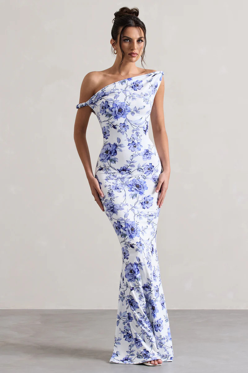 Lita | Blue Floral Twisted Asymmetric Maxi Dress | Club L London