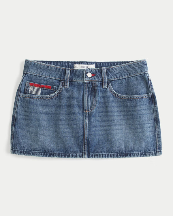 Women's Low-Rise Medium Wash Flag Embroidered Denim Mini Skort | Women's Clearance | HollisterCo.... | Hollister (US)