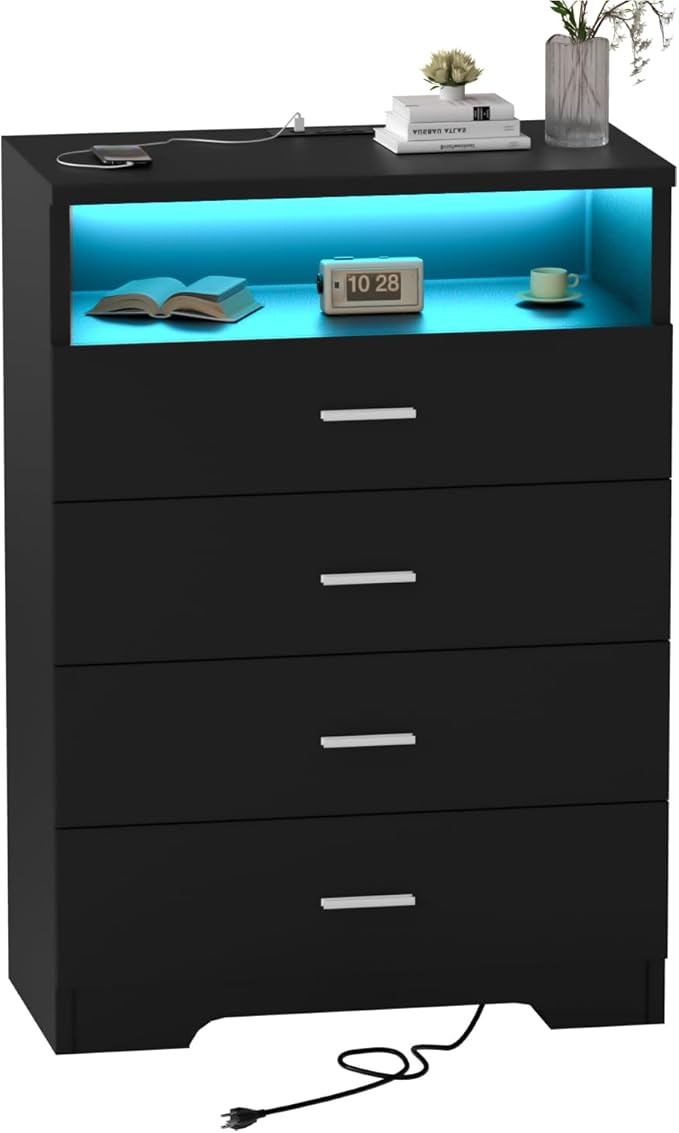 Dresser with Power Outlets and LED Lights Wooden 4 Drawer Dresser with Large Organizer Tall Black... | Amazon (US)