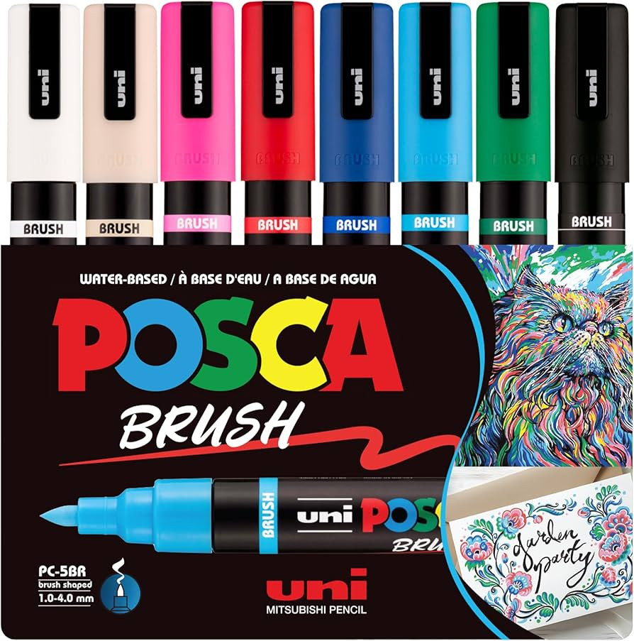 POSCA PC-5BR Water-Based Paint Markers, Reversible Brush Tip (1.0-4.0mm), Assorted Colors, 8 pack | Amazon (US)