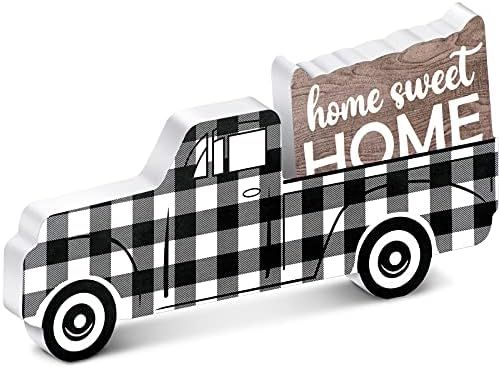Jetec Wooden Pickup Truck, Black and White Plaid Wooden Ornament, Home Sweet Home Wooden Decor for W | Amazon (US)