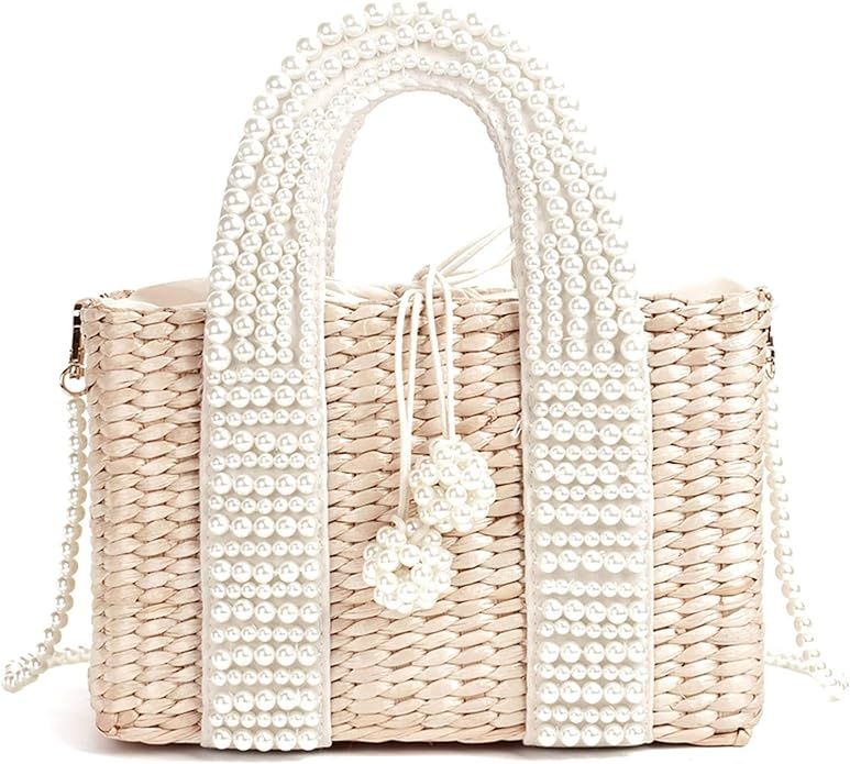 NC Women's Pearl Straw Bag Straw Basket Tote Bag Messenger Bag Messenger Bag Women's Handbags and... | Amazon (US)