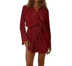 LYANER Women's Collar V Neck Button Down Pleated Long Sleeve Mini Shirt Dress with Belt | Amazon (US)