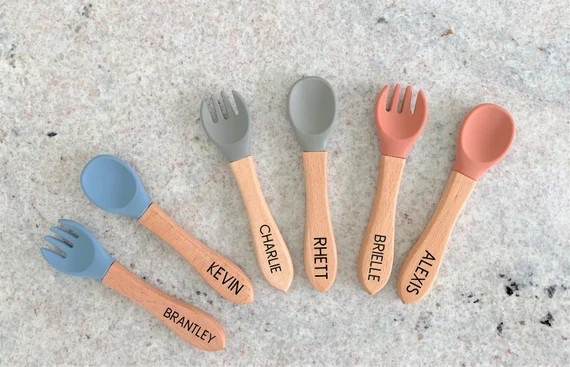 Personalized Engraved Wooden and Silicone weaning Spoon, Fork, Cutlery set, Personalized Spoon, P... | Etsy (US)