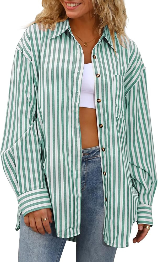 CHYRII Womens Striped Button Down Shirt Casual Long Sleeve Blouse Top | Amazon (US)