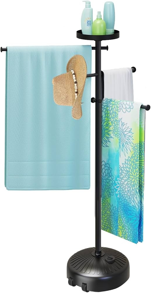 Pool Towel Rack Outdoor with Built-in Tray \u2013 Adjustable, Heavy-Duty Towel Racks & Storage fo... | Amazon (US)