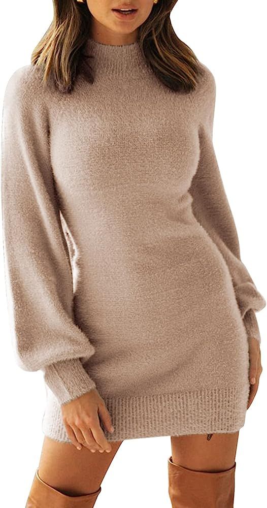 EXLURA Women's Mock Neck Ribbed Long Sleeve Bodycon Pullover Cute Mini Sweater Dress Apricot … | Amazon (US)