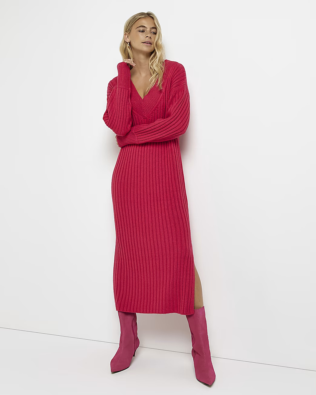 River Island Womens Pink knit jumper midi dress | River Island (US)